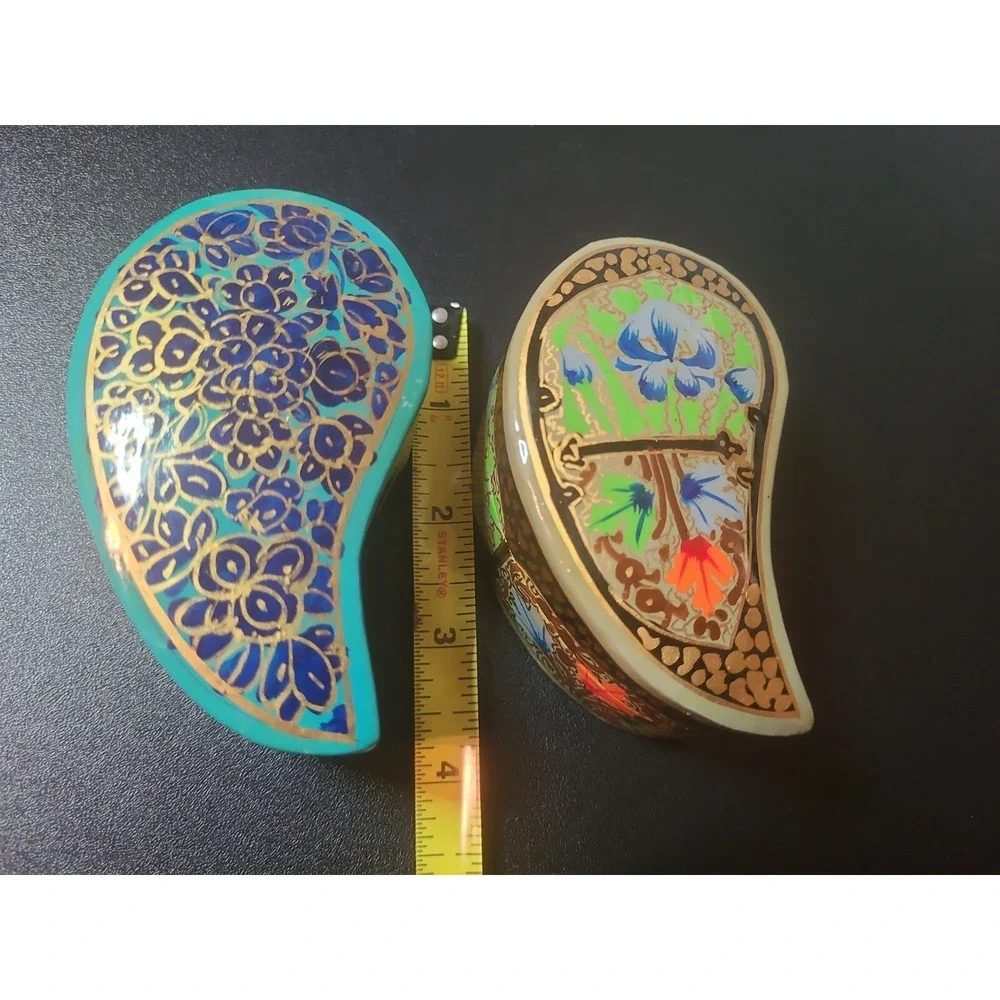 2 Handpainted Ornate Jewelry Wood Paper Mache Trinket Ring Box Kidney Shape